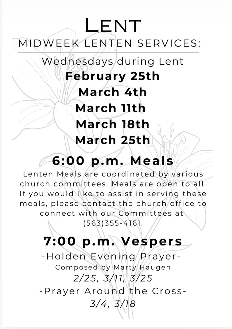 Information about midweek Lent services with meals at 6PM and services at 7PM each Wednesday